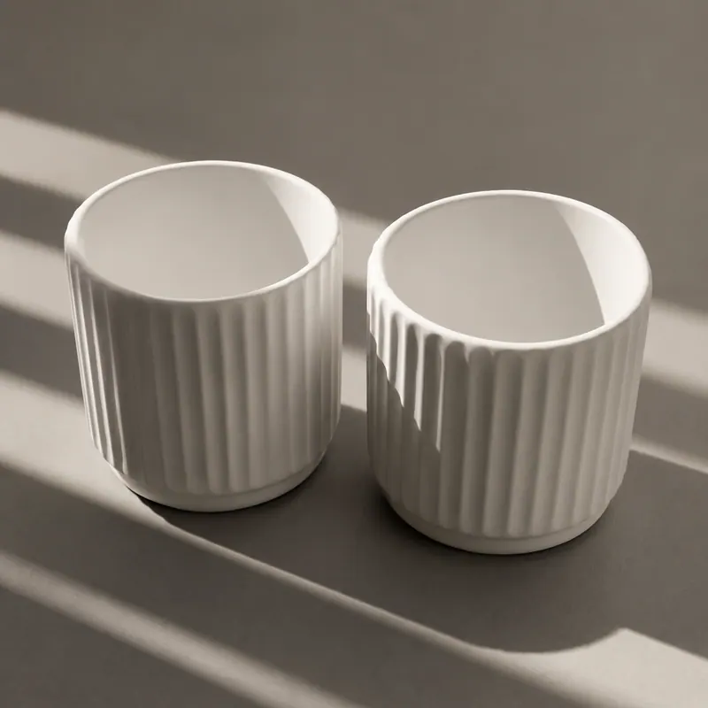 Two identical white ceramic cups side by side, casting hard parallel shadows.
