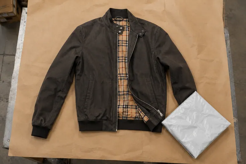 A jacket laid flat on kraft paper on a workbench, photographed from directly above.