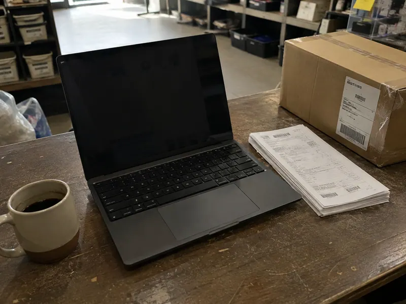 A laptop, a cup of coffee and a stack of shipping labels on a shop counter.