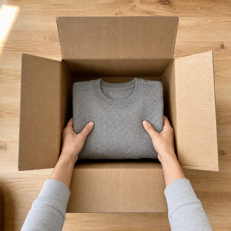 Two hands lowering a folded grey jumper into the same open cardboard box.