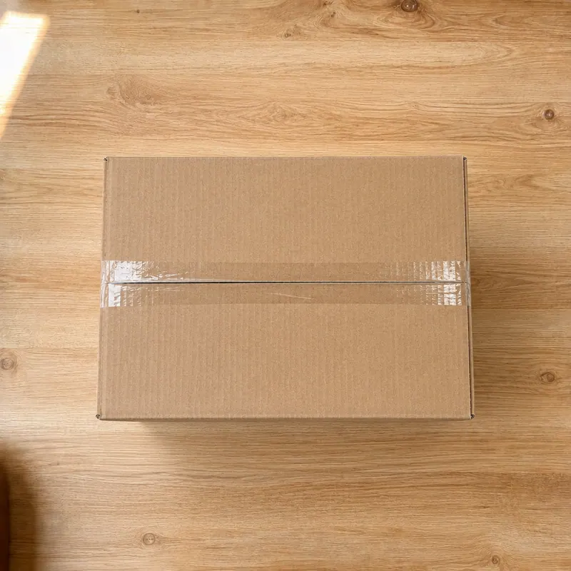 The same cardboard box taped shut across the seam.